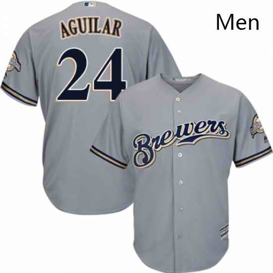 Mens Majestic Milwaukee Brewers 24 Jesus Aguilar Replica Grey Road Cool Base MLB Jersey